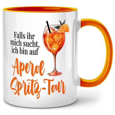 Aperol Spritztour, lustige Tasse mit Spruch als Aperol Geschenk für beste Freundin oder Abschiedsgeschenk für die Kollegin, Orangene Tasse