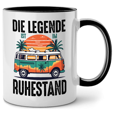 Die Legende ist im Ruhestand, VW Bus, lustige Tasse mit Spruch als Ruhestand Geschenk oder Abschiedsgeschenk für Kollegen, Schwarz