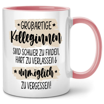 Großartige Kolleginnen sind schwer zu finden und unmöglich zu vergessen, lustige Tasse mit Spruch als Abschiedsgeschenk für Kollegin oder Geschenk für Lieblingskollegin, Pink
