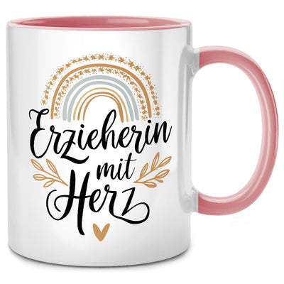 Erzieherin mit Herz - süße Tasse mit Spruch als Abschiedsgeschenk für Erzieherin oder Kita Geschenk für Erzieherin, Pinke Tasse