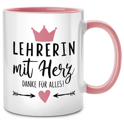 Lehrerin mit Herz, Danke für Alles - lustige Tasse mit Spruch als Abschiedsgeschenk für Lehrerin oder Lehrer Geschenk, Pinke Tasse