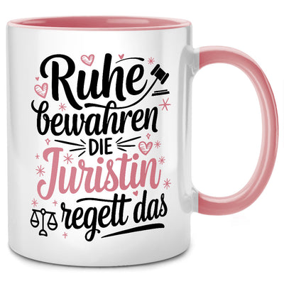 Ruhe bewahren, die Juristin regelt das - lustige Jura Tasse mit Spruch als Geschenk für eine Juristin oder Anwältin, Pinke Tasse