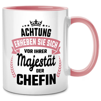 Achtung, erheben Sie sich vor Ihrer Majestät der Chefin - lustige Tasse mit Spruch als Geschenk für Chefin, Pinke Tasse