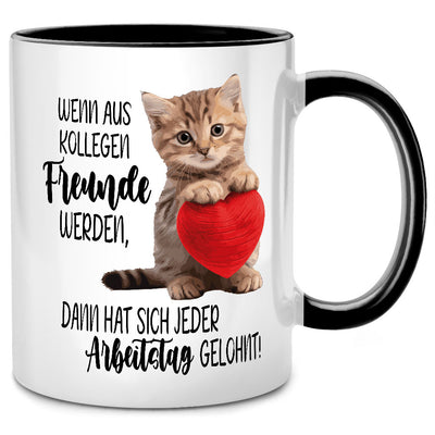 Wenn aus Kollegen Freunde werden, süße Katzentasse mit Spruch als Abschiedsgeschenk für Kollegin oder Geschenk für Lieblingskollegin, Schwarze Tasse