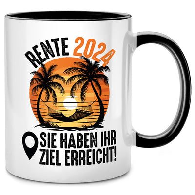 Rente 2024: Sie haben Ihr Ziel erreicht - lustige Tasse mit Spruch als Ruhestand Geschenk oder Abschiedsgeschenk für Kollegen, schwarze Tasse