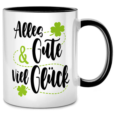 Alles Gute und viel Glück - Tasse mit Spruch als Abschiedsgeschenk für Kollegen zur Rente oder als Kleines Danke Geschenk, Schwarze Tasse