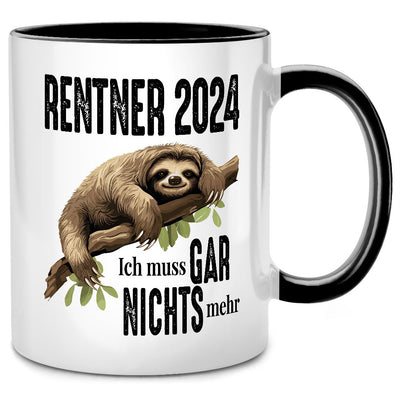 Rentner 2024: Ich muss gar nichts mehr, Faultier - lustige Tasse mit Spruch als Ruhestand Geschenk oder Abschiedsgeschenk für Kollegen, Schwarze Tasse
