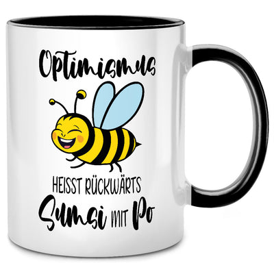 Optimismus heißt rückwärts Sumsi mit Po - lustige Tasse mit Spruch als Abschiedsgeschenk für Kollegin oder Geschenk für Lieblingskollegin, Schwarze Tasse