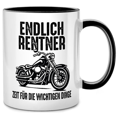 Endlich Rentner, lustige Motorrad Tasse mit Spruch als Ruhestand Geschenk oder Abschiedsgeschenk zur Rente von Kollegen, Schwarze Tasse