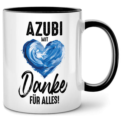 Azubi mit Herz, Danke für Alles. Lustige Tasse mit Spruch als Azubi Geschenk zur bestandenen Prüfung, Schwarze Tasse