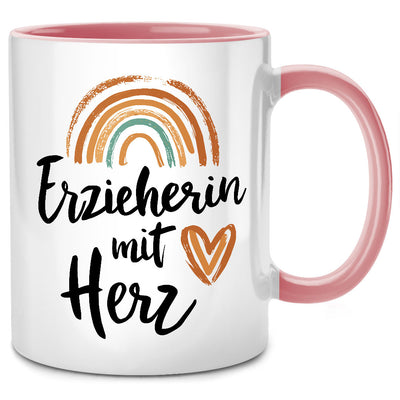 Erzieherin mit Herz - lustige Tasse mit Spruch als Abschiedsgeschenk für Erzieherin oder Dankeschön Geschenk für Erzieherin, Pinke Tasse