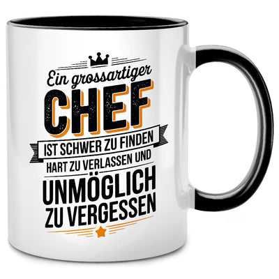 Ein großartiger Chef ist schwer zu finden, hart zu verlassen und unmöglich zu vergessen - lustige Tasse mit Spruch als Chef Geschenk, Schwarze Tasse