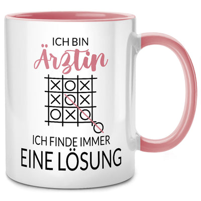 Ich bin Ärztin, ich finde immer eine Lösung, lustige Tasse mit Spruch als Geschenk für Ärztin oder Arzt, Pinke Tasse