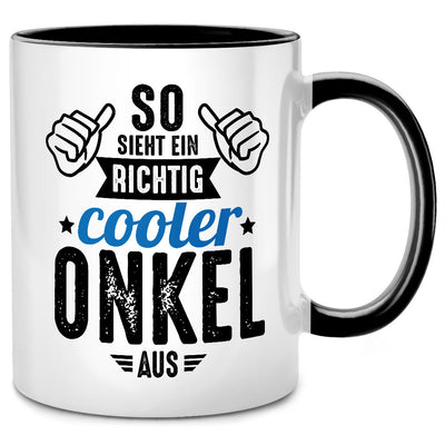 So sieht ein richtig cooler Onkel aus. Lustige Tasse mit Spruch als Geschenk für Onkel, Schwarze Tasse