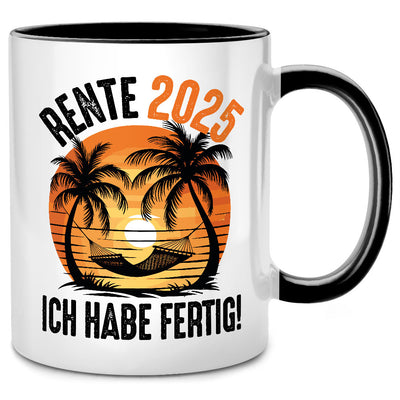 Rente 2025: Ich habe fertig! - lustige Tasse mit Spruch und Sonnenuntergang als Ruhestand Geschenk für Rentner, Schwarze Tasse