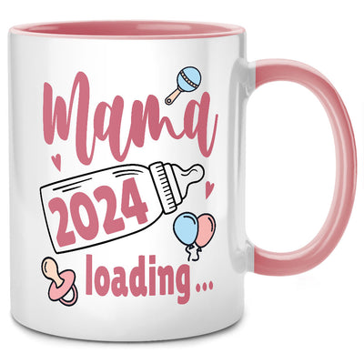 Mama 2024 loading - süße Tasse mit Spruch als Geschenk für werdende Mama oder zum Schwangerschaft verkünden, Pinke Tasse
