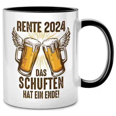 Rente 2024: Das Schuften hat ein Ende - lustige Tasse mit Spruch und Bier als Ruhestand Geschenk oder Abschiedsgeschenk für Kollegen