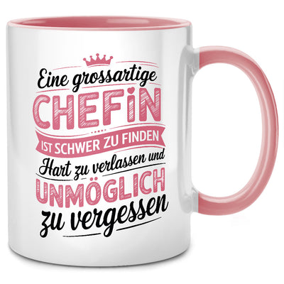 Eine grossartige Chefin ist schwer zu finden, hart zu verlassen - lustige Tasse mit Spruch als Geschenk für Chefin, Pinke Tasse