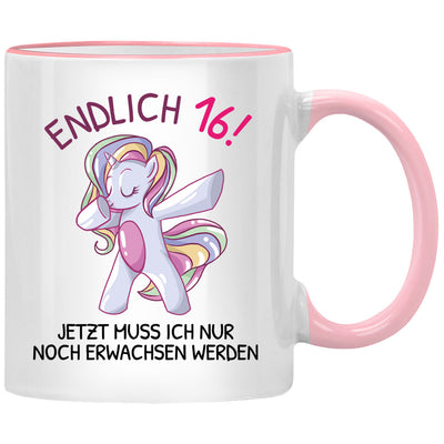 Endlich 16, jetzt muss ich nur noch erwachsen werden. Lustige Einhorn Tasse mit Spruch als Geschenk zum 16. Geburtstag, Pinke Tasse