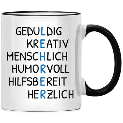 Geduldig, kreativ, menschlich, Lehrer: lustige Tasse mit Spruch als besonderes Geschenk für Lehrer oder Abschiedsgeschenk Lehrerin