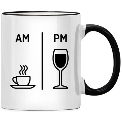 AM PM Kaffee Wein, Tasse mit Spruch als lustiges Geschenk für Kollegen und Kollegin
