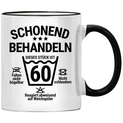 Schonend behandeln, dieses Stück ist 60. Lustige Tasse mit Spruch als Geschenk zum 60. Geburtstag, Schwarze Tasse